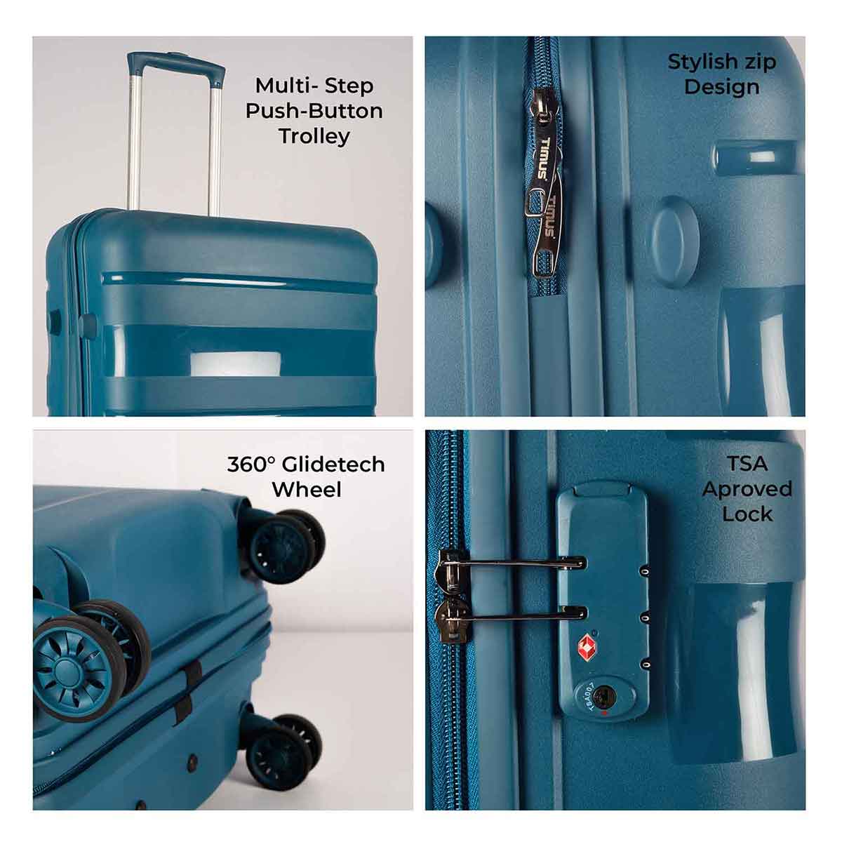Feature collage of Timus Sunlite blue trolley showing push-button handle, zipper detailing, GlideTech wheels, and TSA-approved lock.