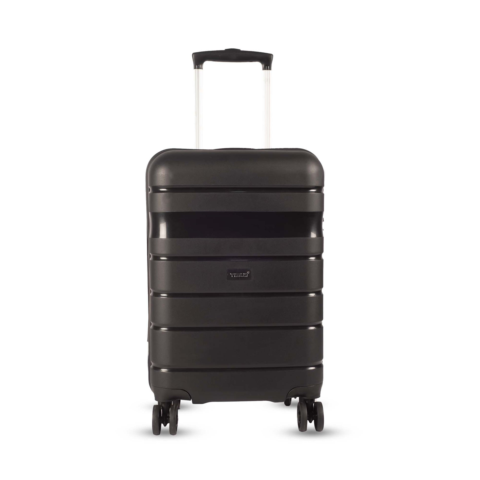 Front view of Timus Sunlite black hard trolley luggage with textured surface, sleek profile, and extendable push-button handle.