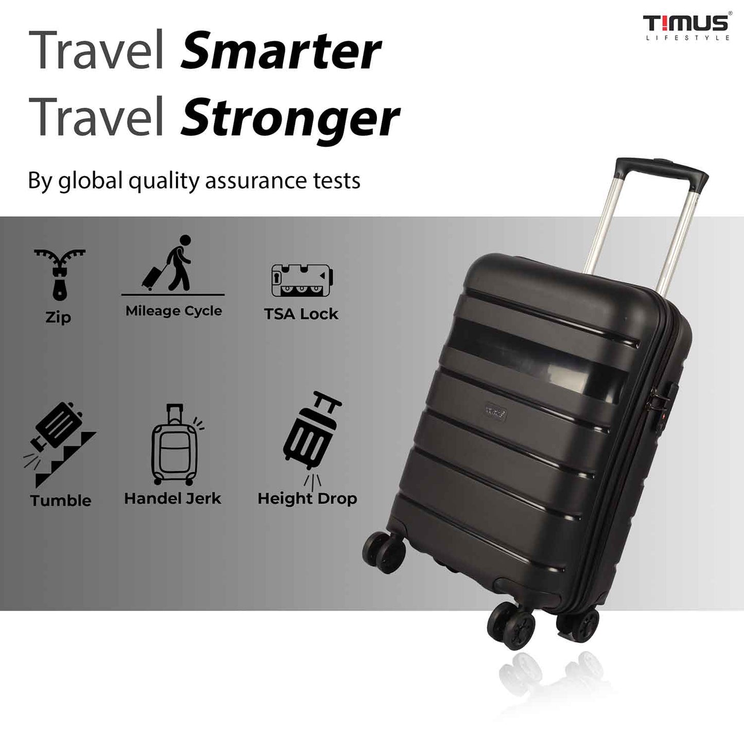 Timus Sunlite black trolley bag shown with global quality assurance icons for zip, TSA lock, tumble, and height drop tests.