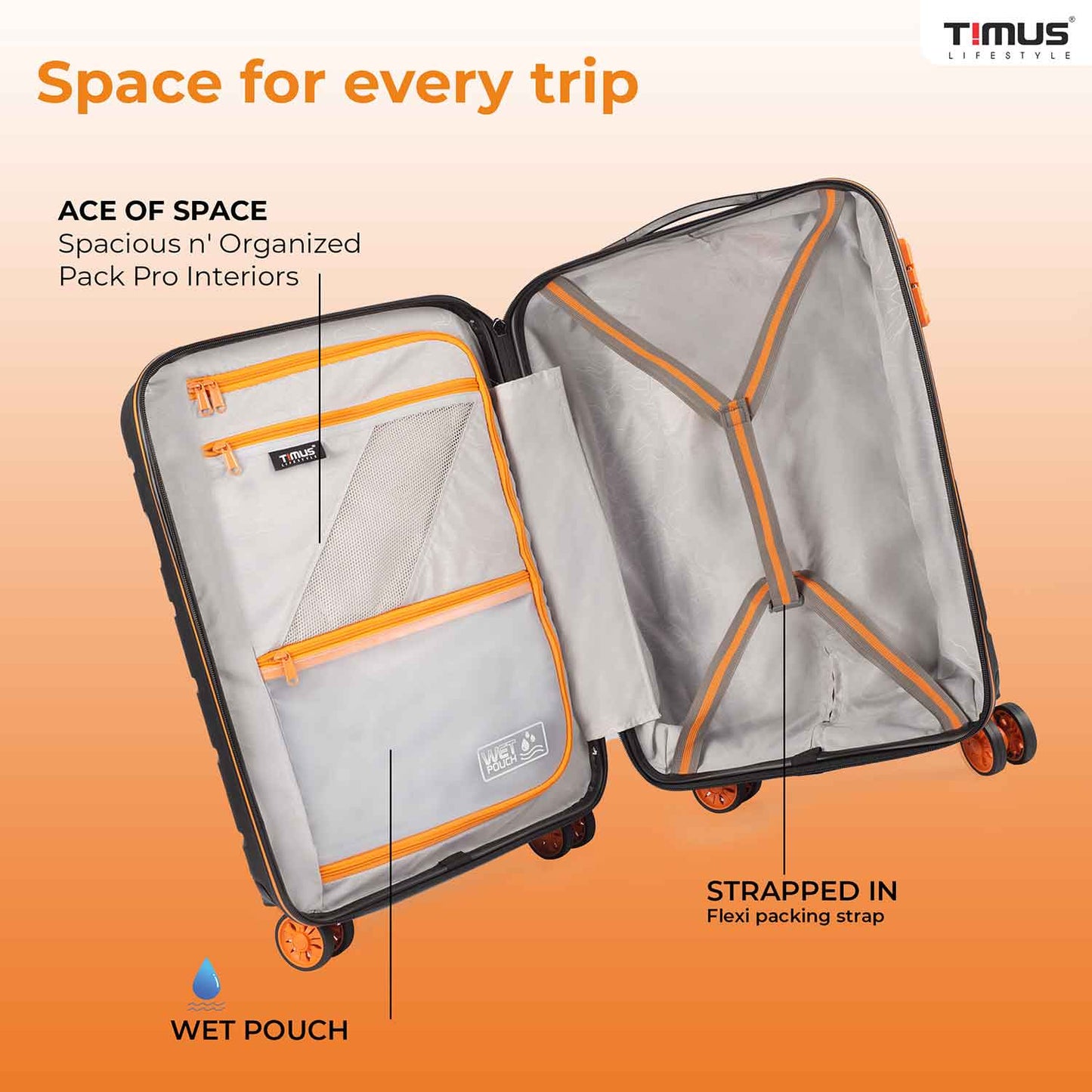 Interior layout view of Sunlite orange-black luggage showcasing organized storage, compartments, and straps.
