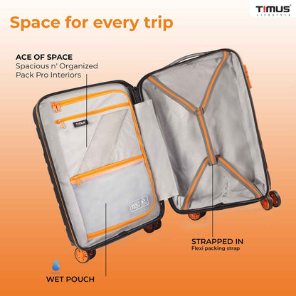 Interior layout view of Sunlite orange-black luggage showcasing organized storage, compartments, and straps.