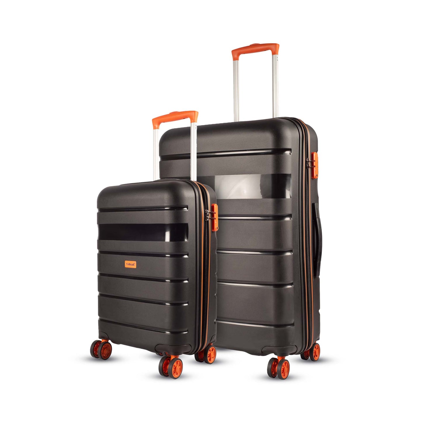 Left angled view of Timus Sunlite orange-black luggage set in 58 cm and 78 cm, showing sporty finish, hard shell, and dual spinner wheels.
