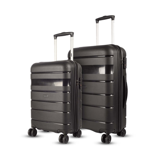 Left angled view of Timus Sunlite black hard trolley luggage set in 58 cm and 68 cm sizes, featuring TSA-approved lock, durable hard shell, and 360° spinner wheels.