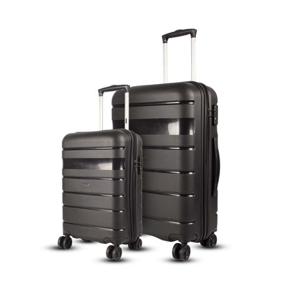 Left angled view of Timus Sunlite black hard trolley set in 58 cm and 78 cm sizes, showing sturdy hard shell, multi-step handle, and smooth wheels.