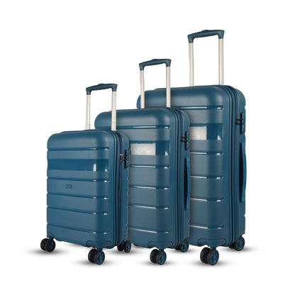 Left angled family set view of Timus Sunlite blue luggage in 58, 68, and 78 cm sizes, highlighting matching style and durable build.