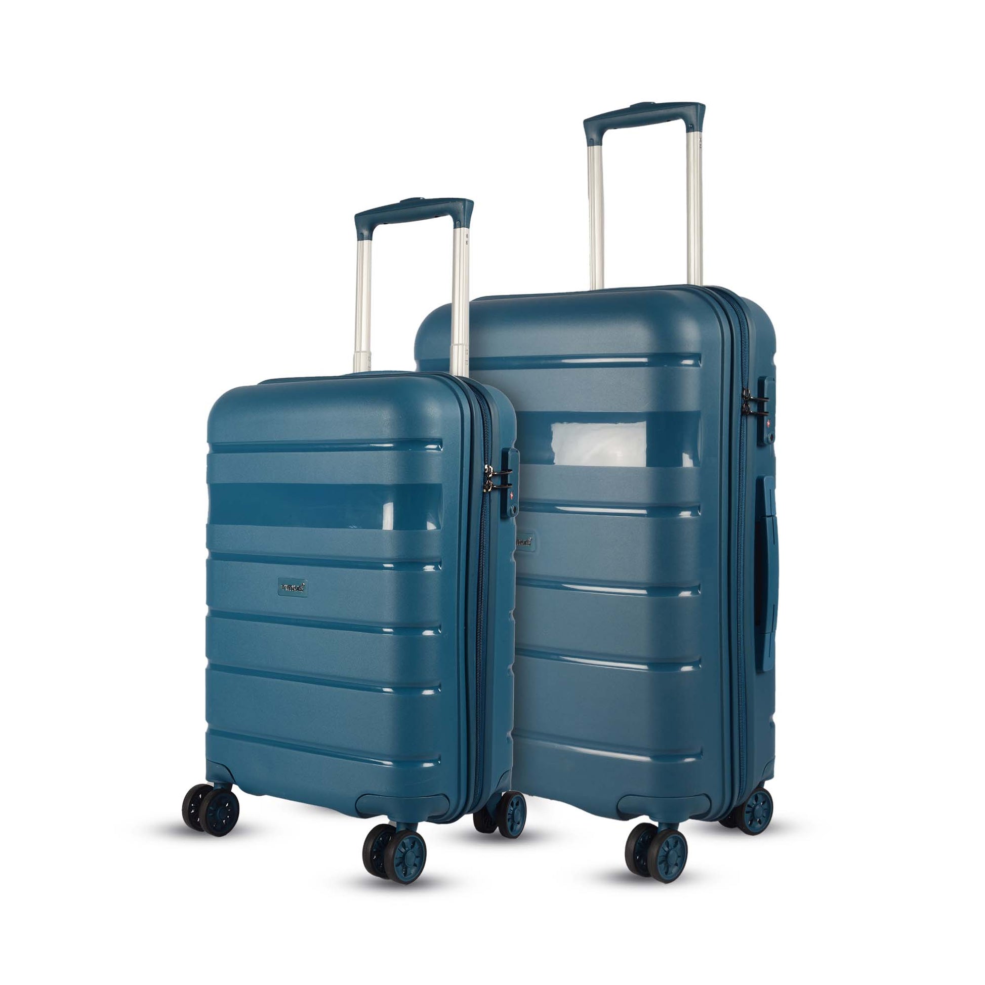 Left angled view of Timus Sunlite blue trolley luggage set in 58 cm and 68 cm sizes, with TSA lock, hard shell body, and 360° wheels.