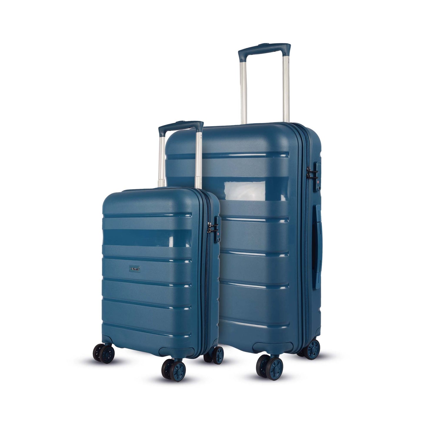 Left angled view of Timus Sunlite blue luggage set in 58 cm and 78 cm, showcasing sleek design, metallic handle, and premium finish.