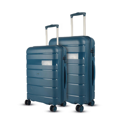 Left angled view of Timus Sunlite blue hard luggage in 68 cm and 78 cm sizes, featuring smooth texture, spinner wheels, and push-button handle.