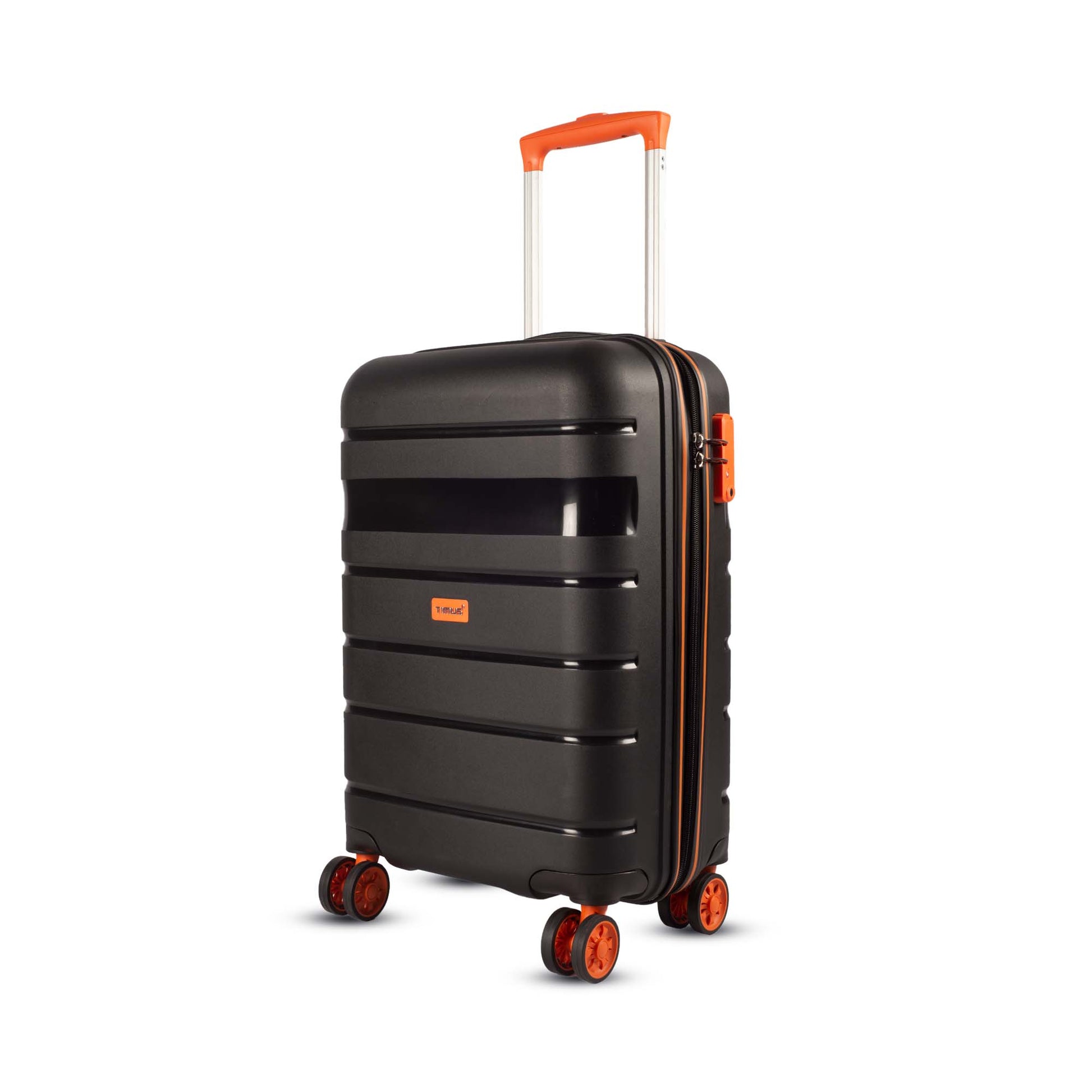 Angled left-side view of Timus Sunlite orange-black dual-tone hard trolley bag featuring TSA-approved lock, durable shell, and spinner wheels.