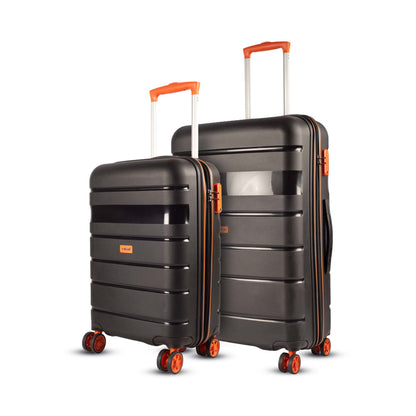 Left angled view of Timus Sunlite orange-black dual-tone trolley bag set in 58 cm and 68 cm, featuring TSA lock, spinner wheels, and contrasting design