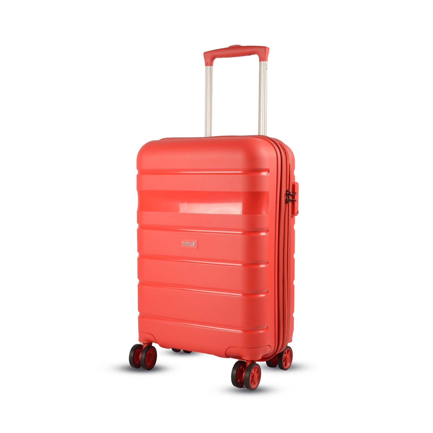 Angled left-side view of Timus Sunlite red hard trolley bag featuring TSA-approved lock, scratch-resistant hard shell, and 360° spinner wheels.