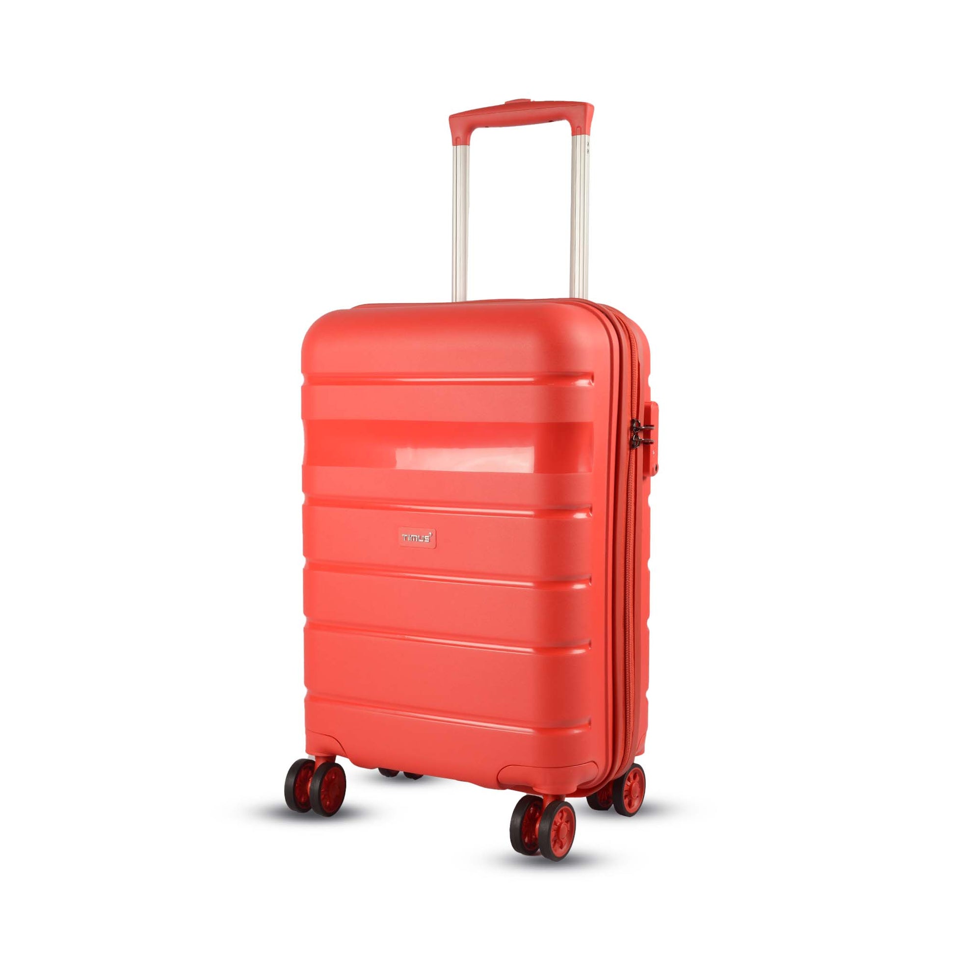 Angled left-side view of Timus Sunlite red hard trolley bag featuring TSA-approved lock, scratch-resistant hard shell, and 360° spinner wheels.