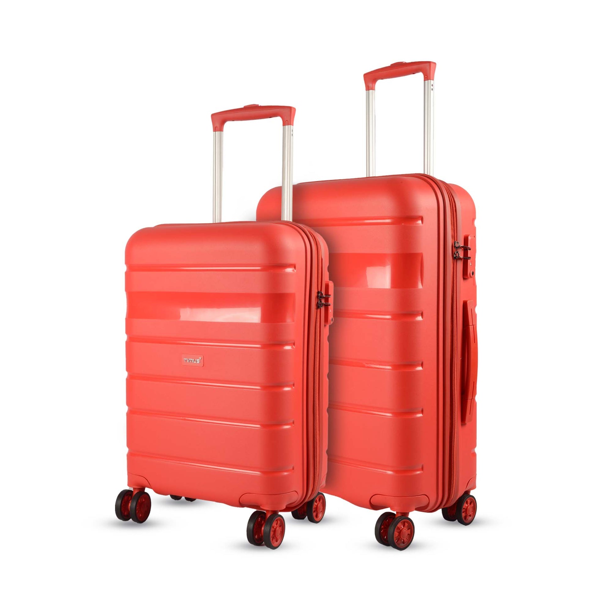 Left angled view of Timus Sunlite red trolley bag set in 58 cm and 68 cm, with TSA lock, textured finish, and spinner wheels.