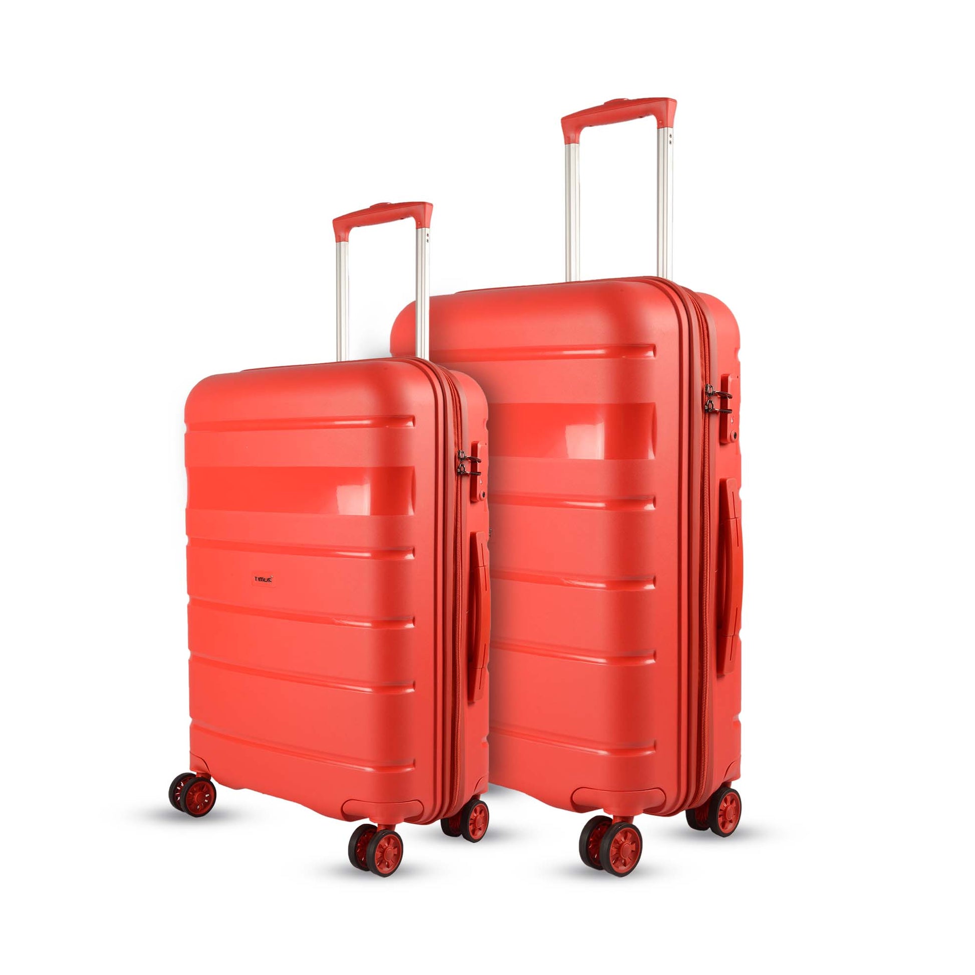 Left angled view of Timus Sunlite red hard luggage in 68 cm and 78 cm, highlighting stylish red finish and sturdy handles.
