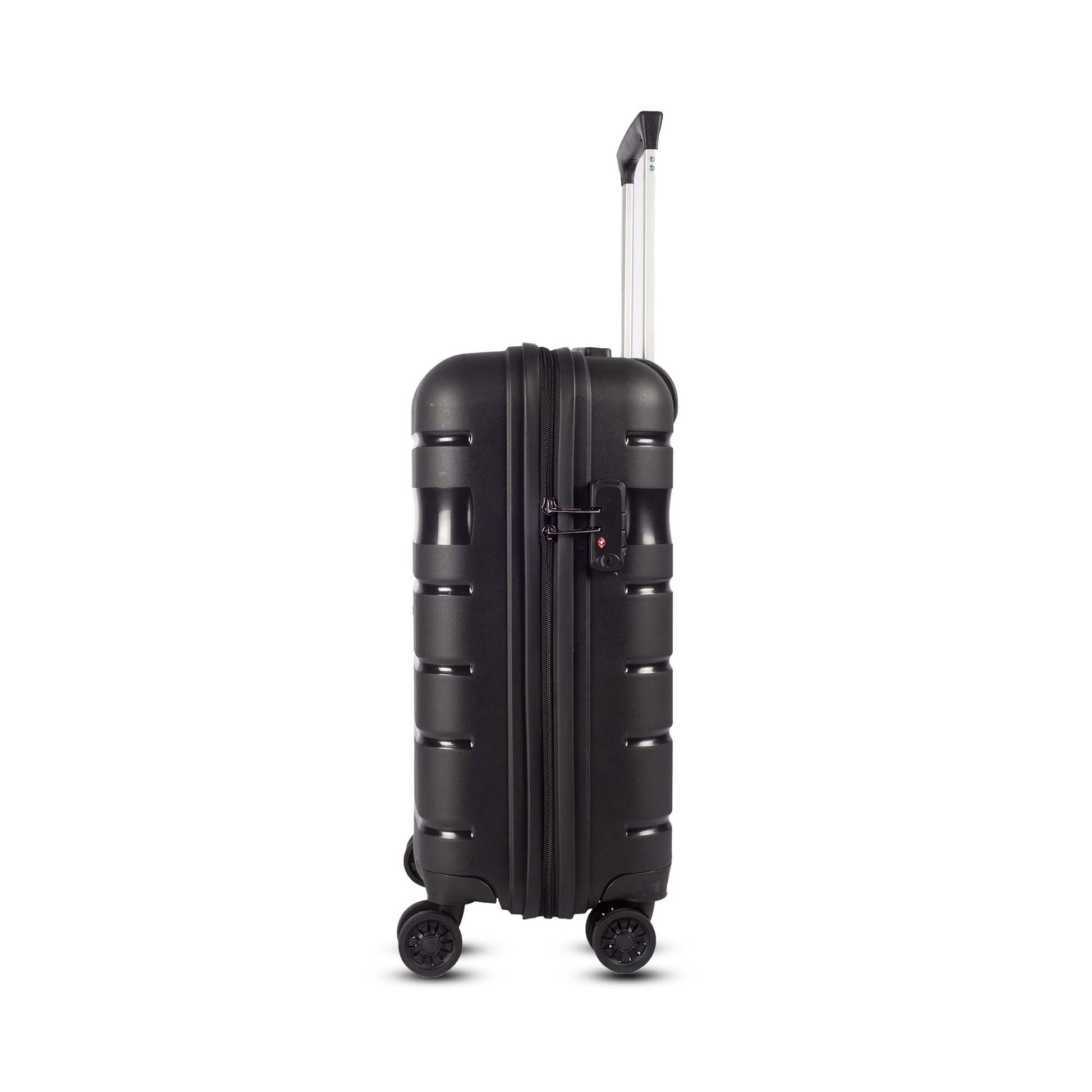 Left side view of Timus Sunlite black hard trolley bag showing TSA-approved lock, closed zipper, and sleek hard shell design.