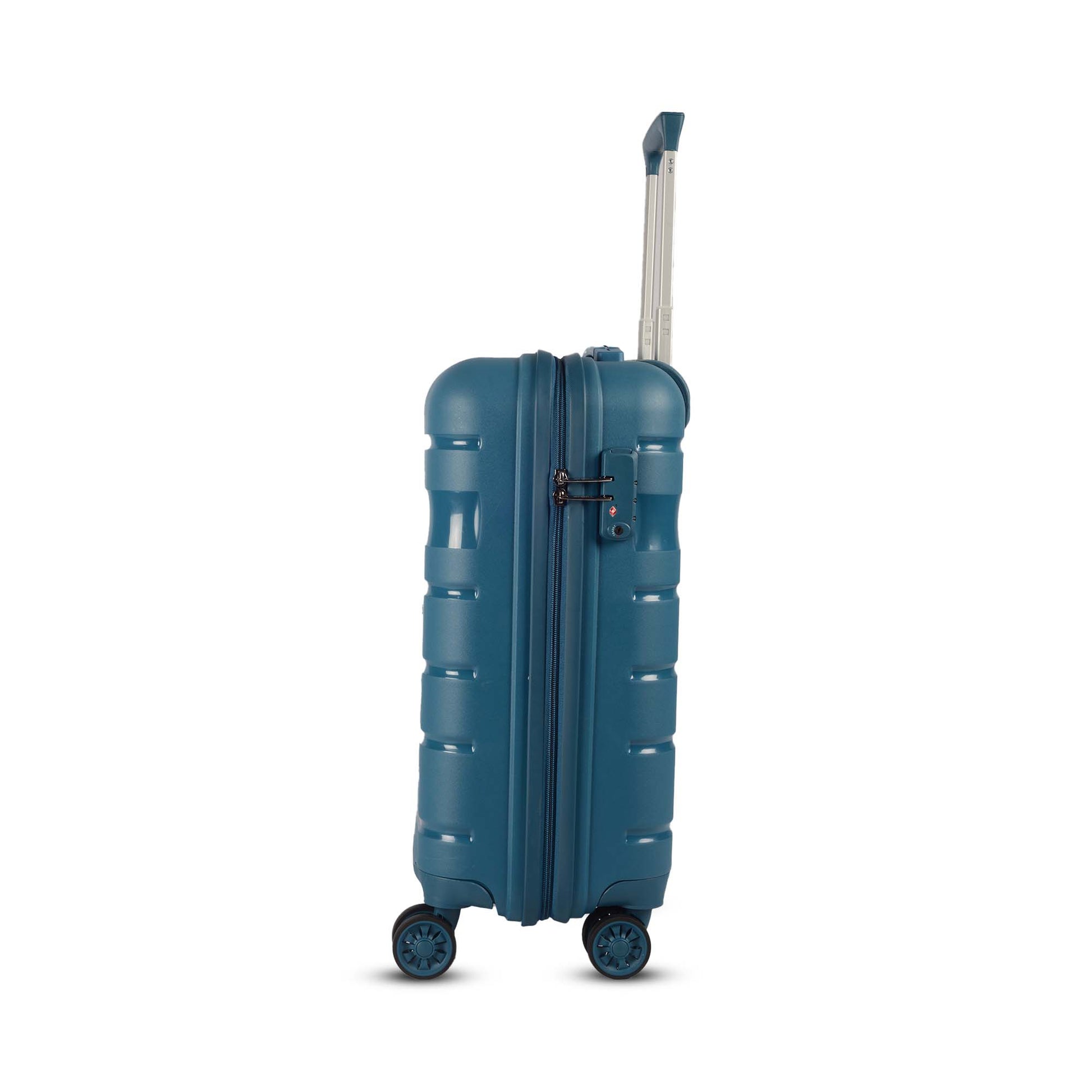 Left-side view of Timus Sunlite blue trolley bag highlighting TSA-approved lock, closed zipper, and premium hard-shell design.