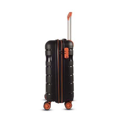 Left-side view of Timus Sunlite orange-black hard luggage showing TSA lock, sturdy zipper, and sleek hard shell.