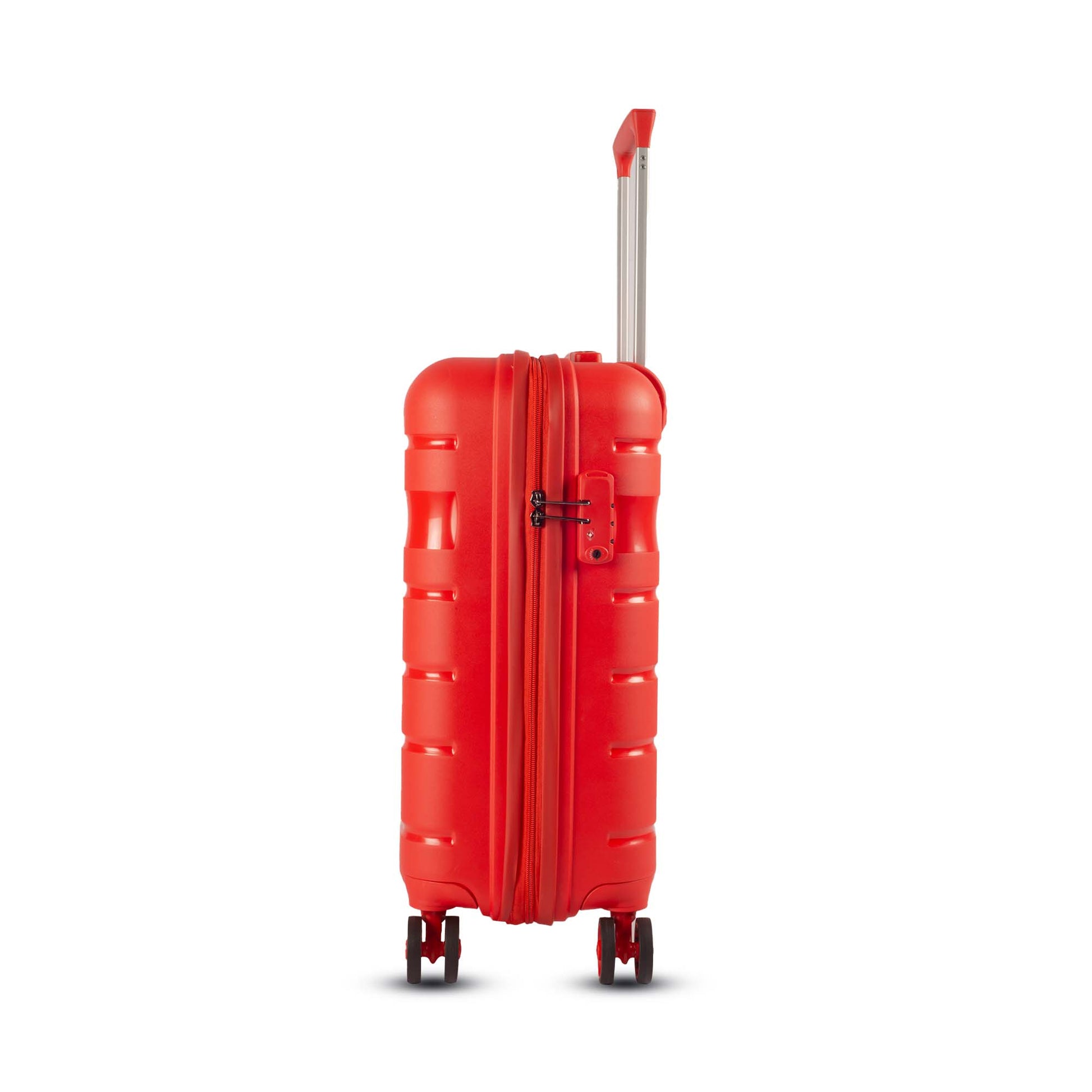 Left-side view of Timus Sunlite red trolley bag showing TSA lock, secure zipper, and durable shell design.