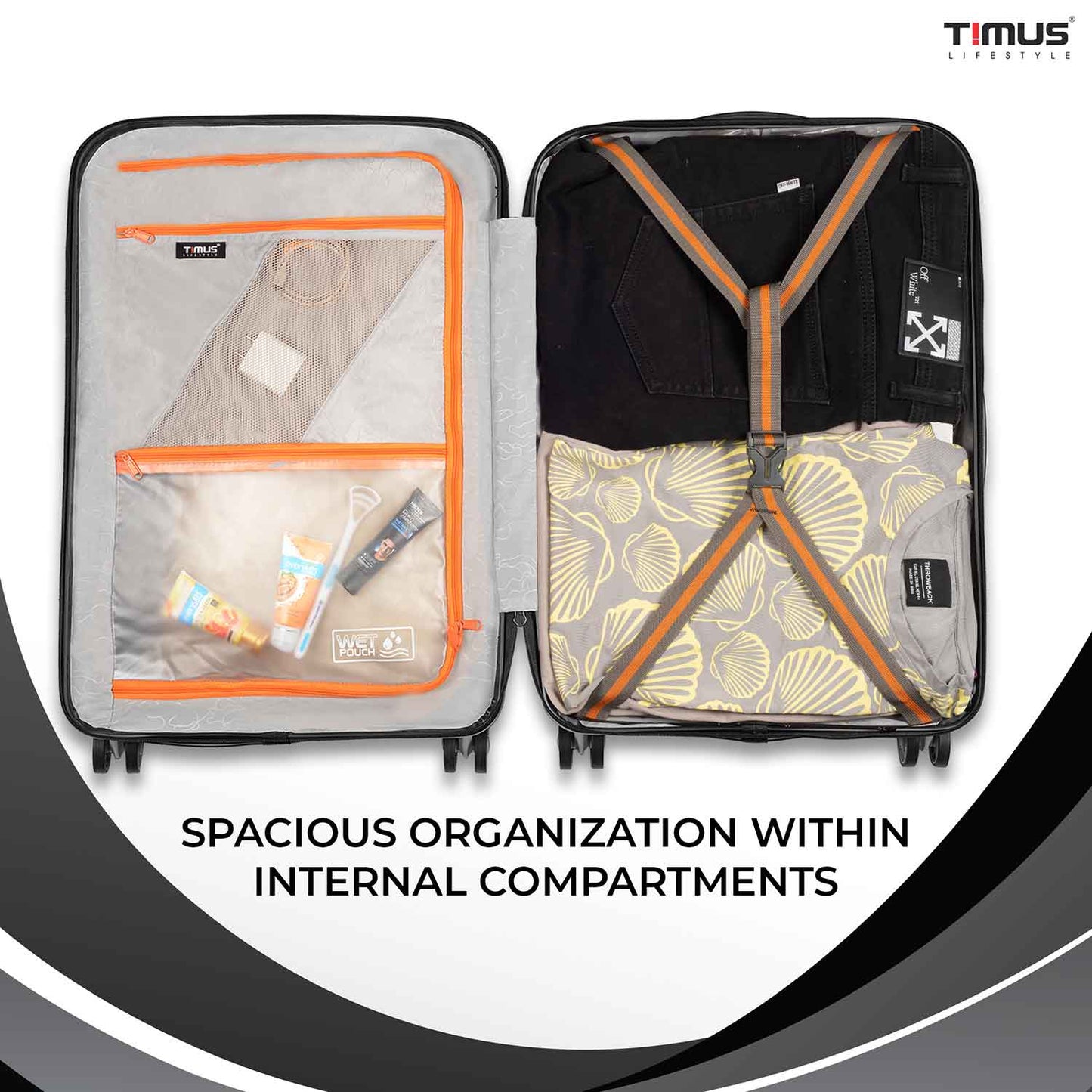 Open view of Sunlite black hard trolley bag showing neatly packed clothes with straps on one side and closed zippered compartment on the other, highlighting spacious and organized interior.