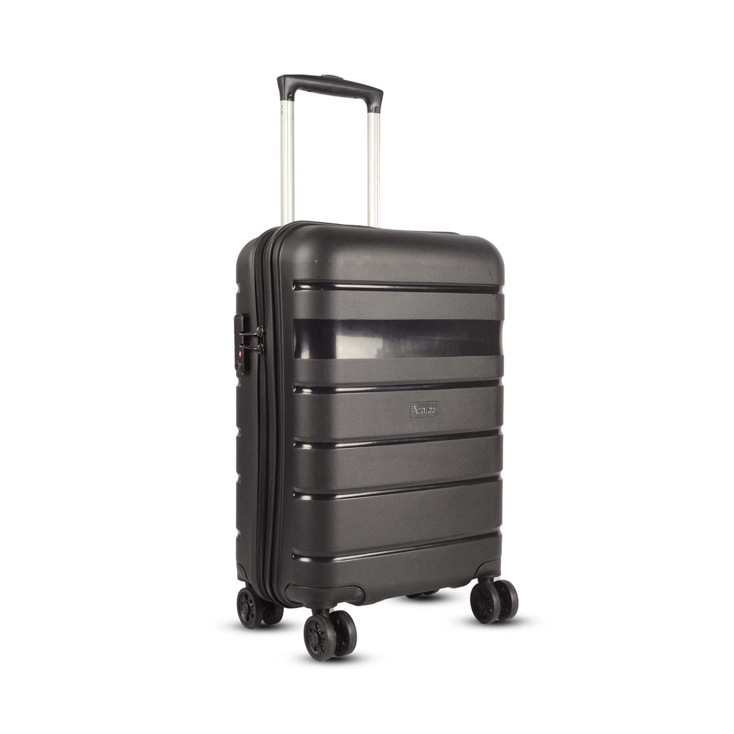 Right side angled view of Timus Sunlite black hard trolley bag highlighting its smooth curves, spinner wheels, and durable build.