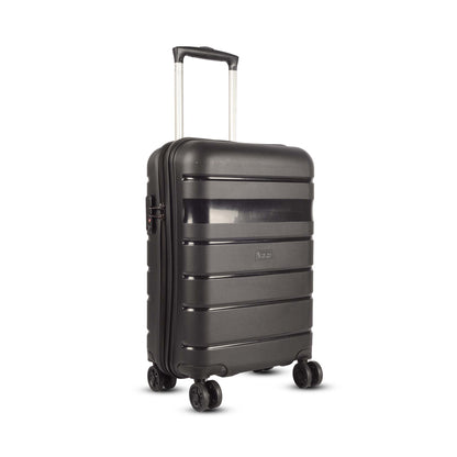 Right side angled view of Timus Sunlite black hard trolley bag highlighting its smooth curves, spinner wheels, and durable build.