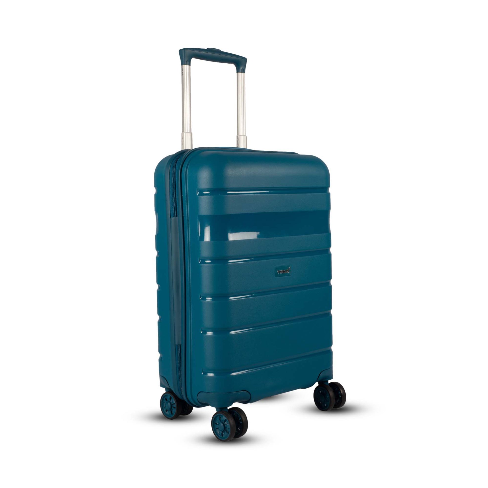 Right-angled view of Timus Sunlite blue trolley bag showing smooth curves, durable body, and dual spinner wheels.
