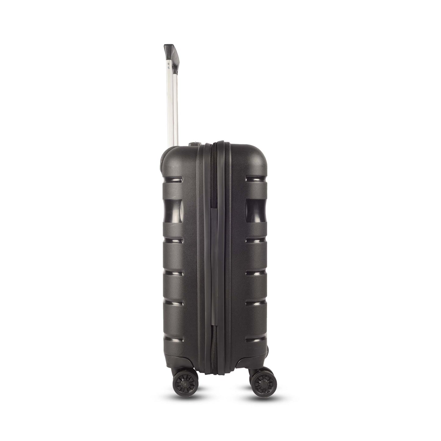 Right side view of Timus Sunlite black hard trolley bag displaying its seamless finish, zipper closure, and lightweight polycarbonate shell.