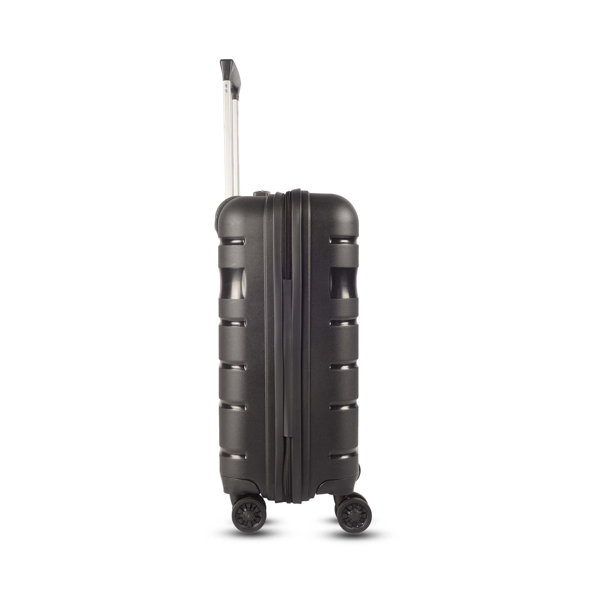 Right side view of Timus Sunlite black hard trolley bag displaying its seamless finish, zipper closure, and lightweight polycarbonate shell.