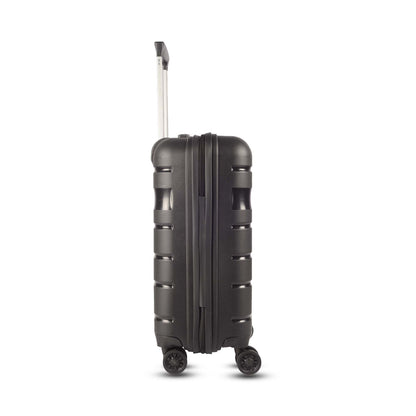 Right side view of Timus Sunlite black hard trolley bag displaying its seamless finish, zipper closure, and lightweight polycarbonate shell.