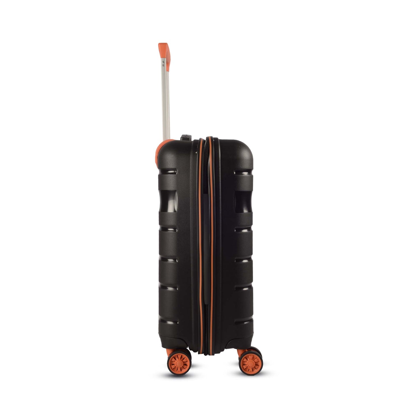 Right-side view of Sunlite orange-black hard luggage showing seamless edges, secure zippers, and durable finish.