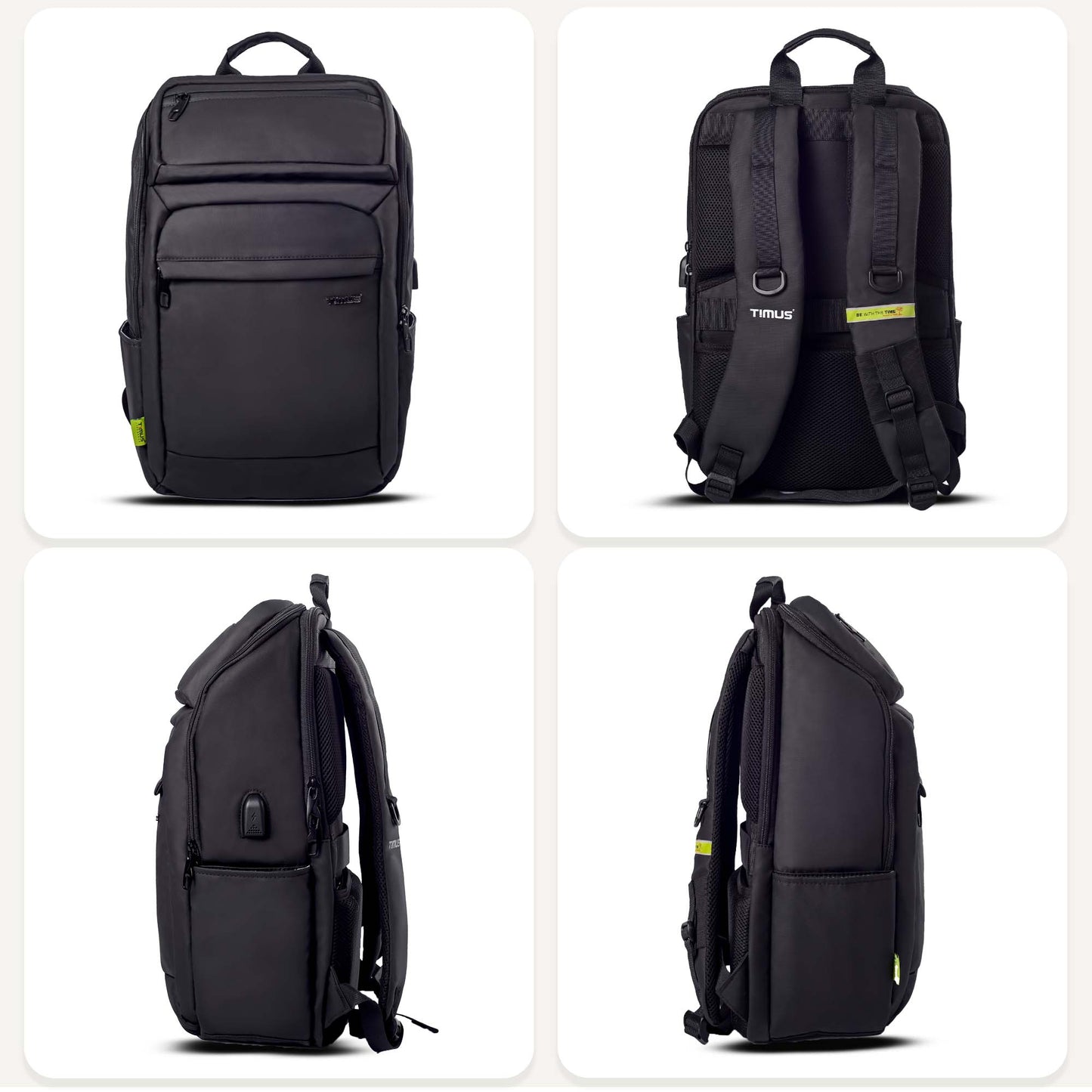 All-side view of Timus Tokyo black laptop backpack displaying its sleek silhouette, smooth zippers, and durable water-resistant structure.