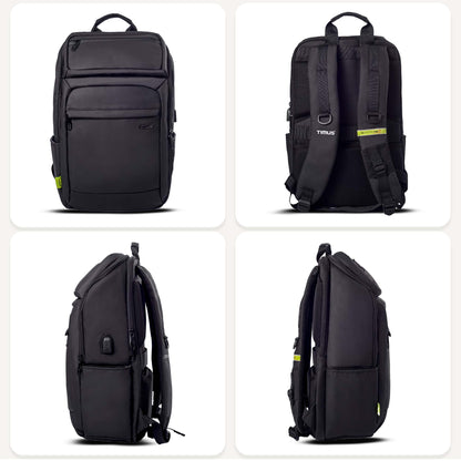 All-side view of Timus Tokyo black laptop backpack displaying its sleek silhouette, smooth zippers, and durable water-resistant structure.