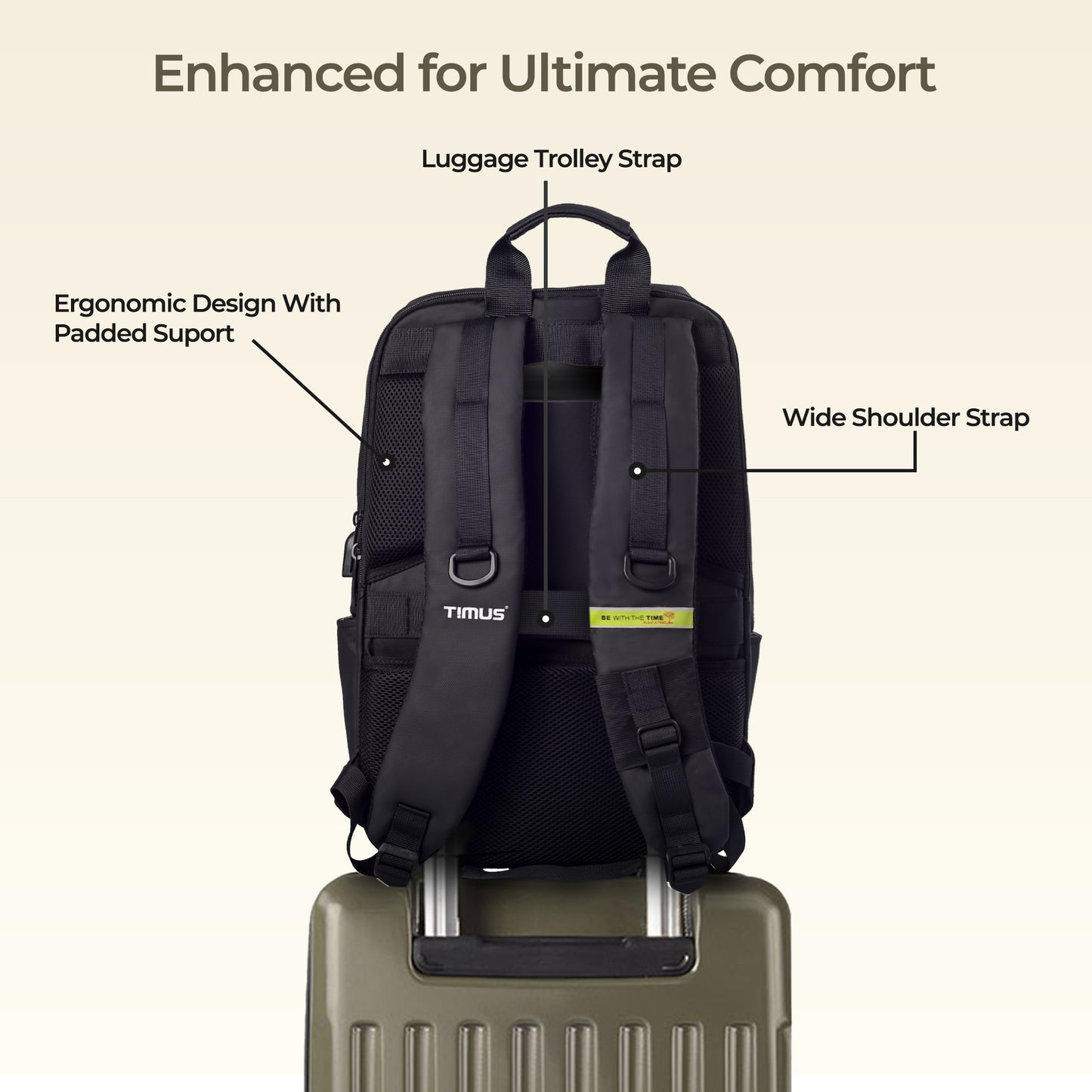Back view of Timus Tokyo black laptop backpack showing cushioned shoulder straps, padded back panel, and trolley sleeve design.