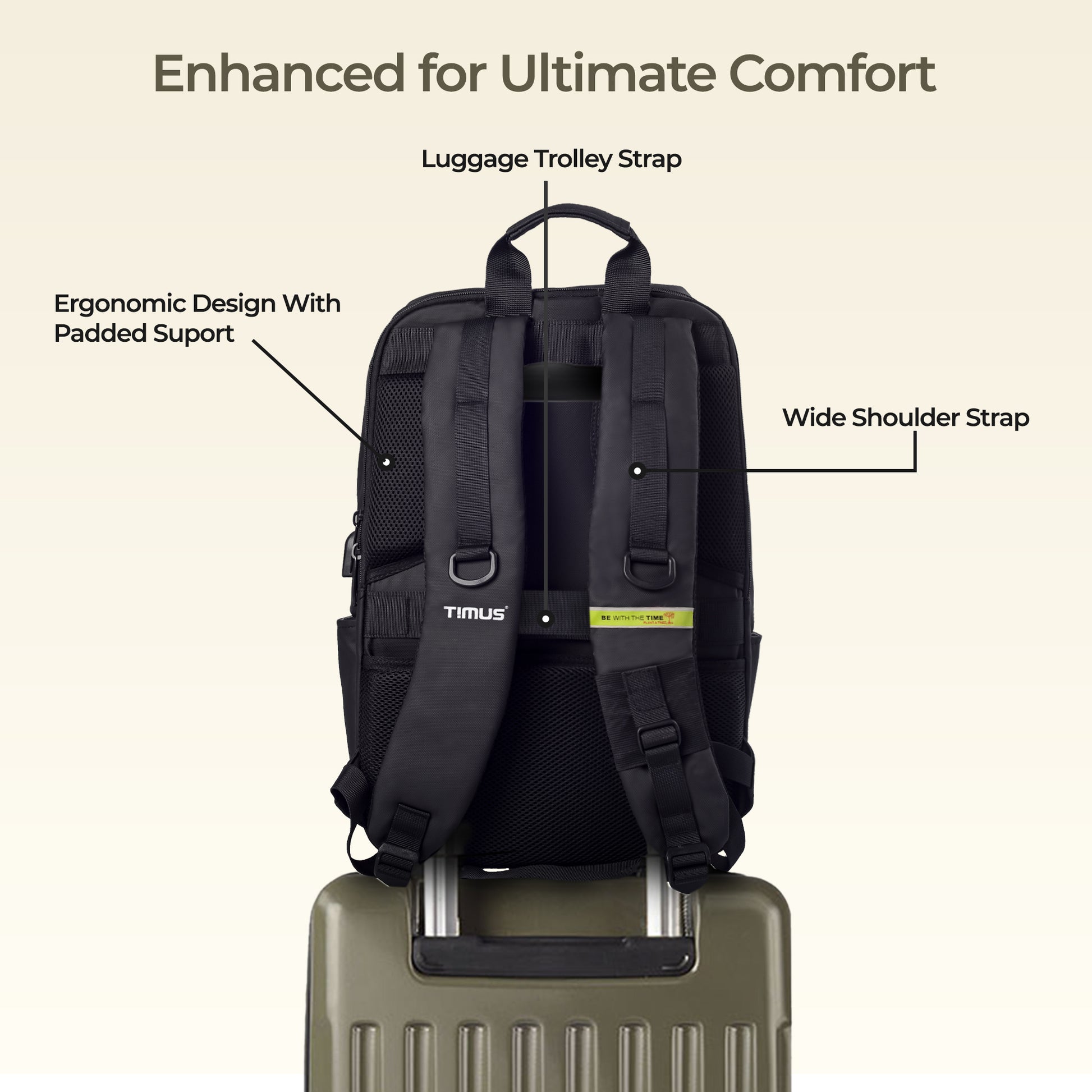 Back view of Timus Tokyo black laptop backpack showing cushioned shoulder straps, padded back panel, and trolley sleeve design.