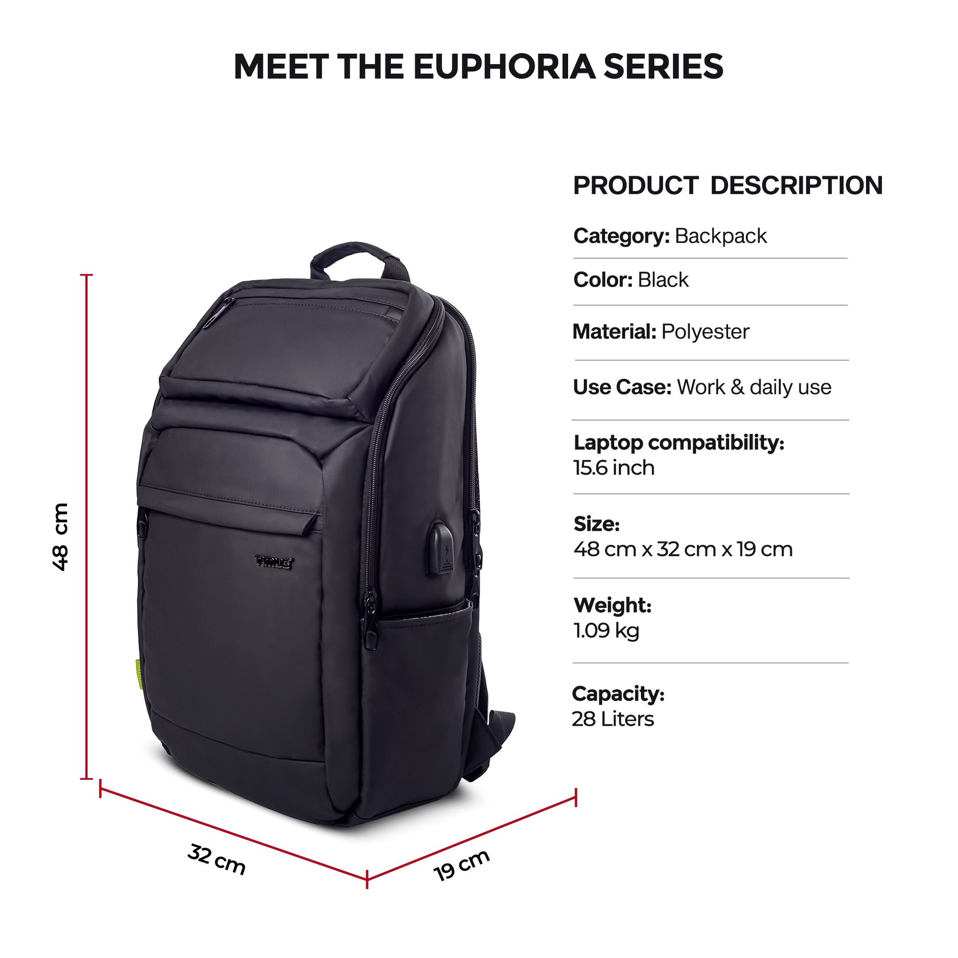 Timus Tokyo black laptop backpack displayed with clear height, width, and depth measurements, ideal for daily and travel packing.