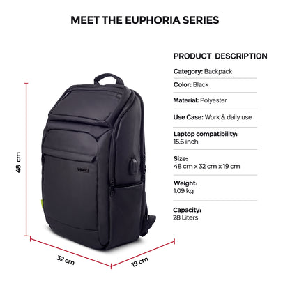 Timus Tokyo black laptop backpack displayed with clear height, width, and depth measurements, ideal for daily and travel packing.