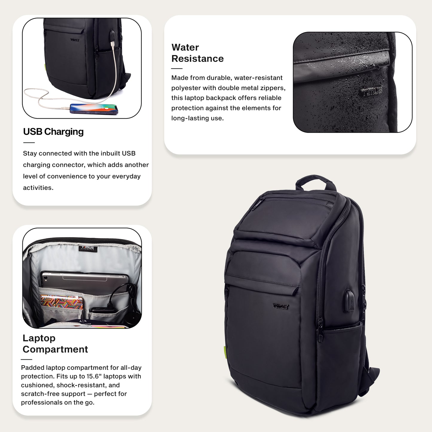 Feature graphic of Timus Tokyo black laptop backpack showcasing its lightweight build, USB charging port, and spacious compartment layout.