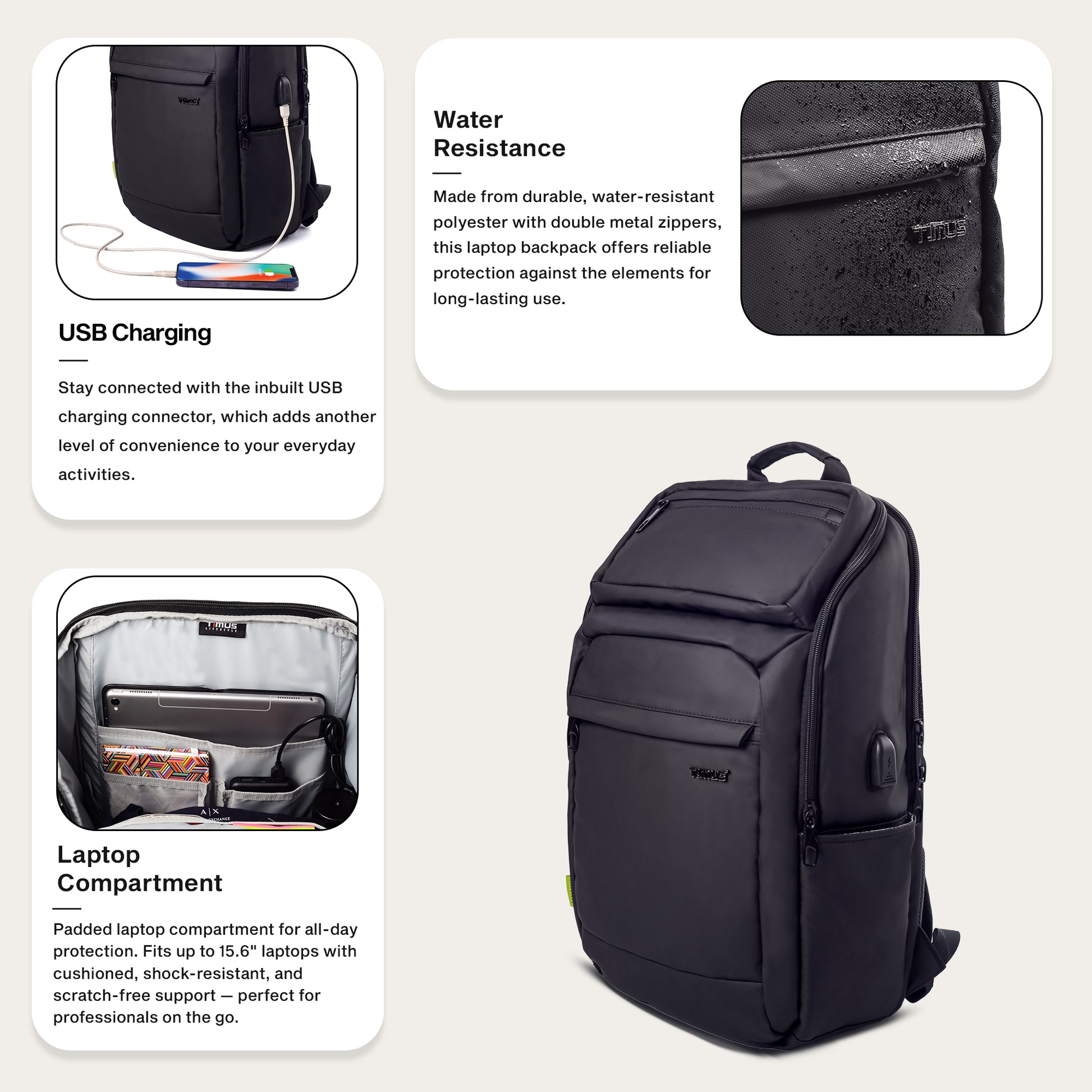 Feature graphic of Timus Tokyo black laptop backpack showcasing its lightweight build, USB charging port, and spacious compartment layout.