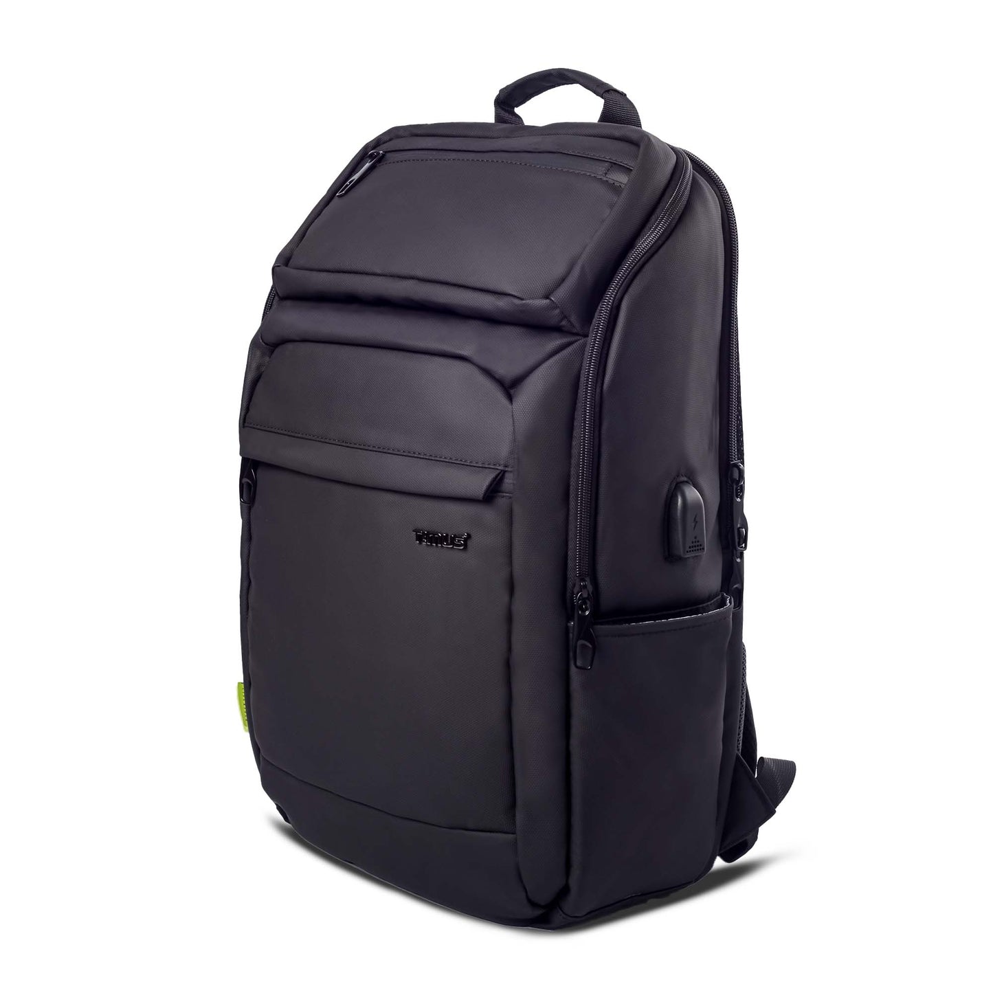 Front view of Timus Tokyo black laptop backpack showing its minimalist business design, smooth texture, and organized front compartments.