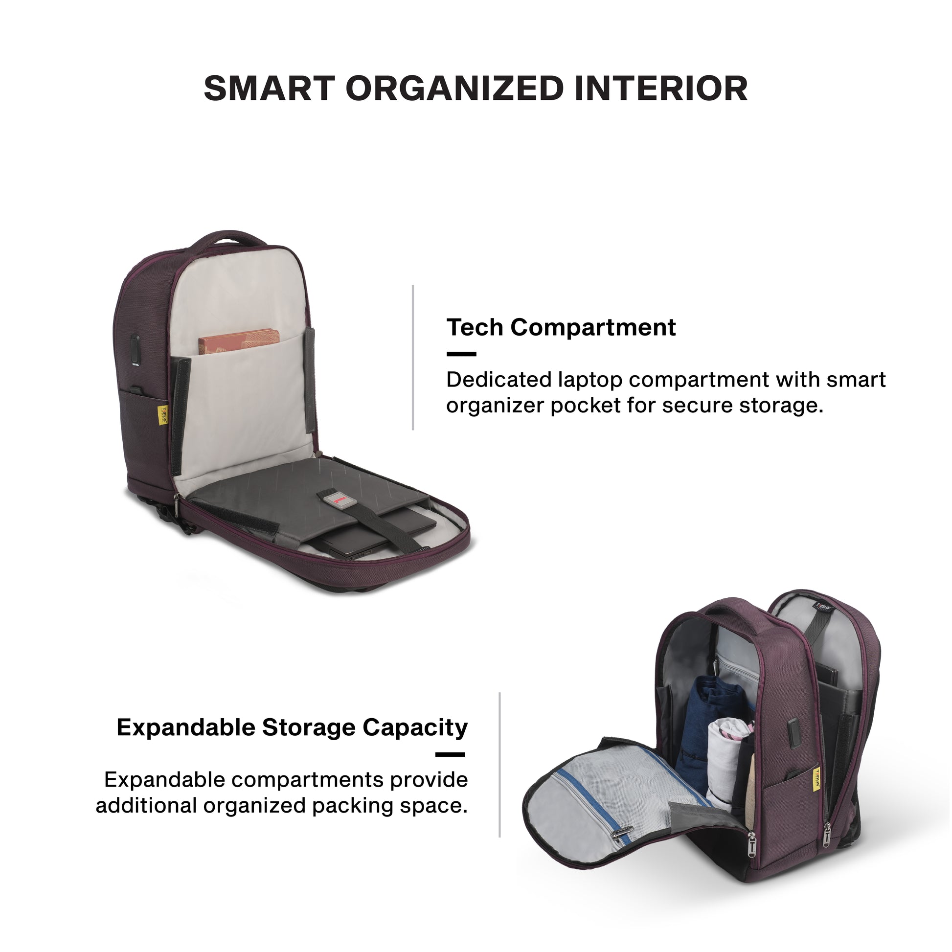 Timus Track laptop backpack interior layout – padded laptop sleeve with organizer pockets
