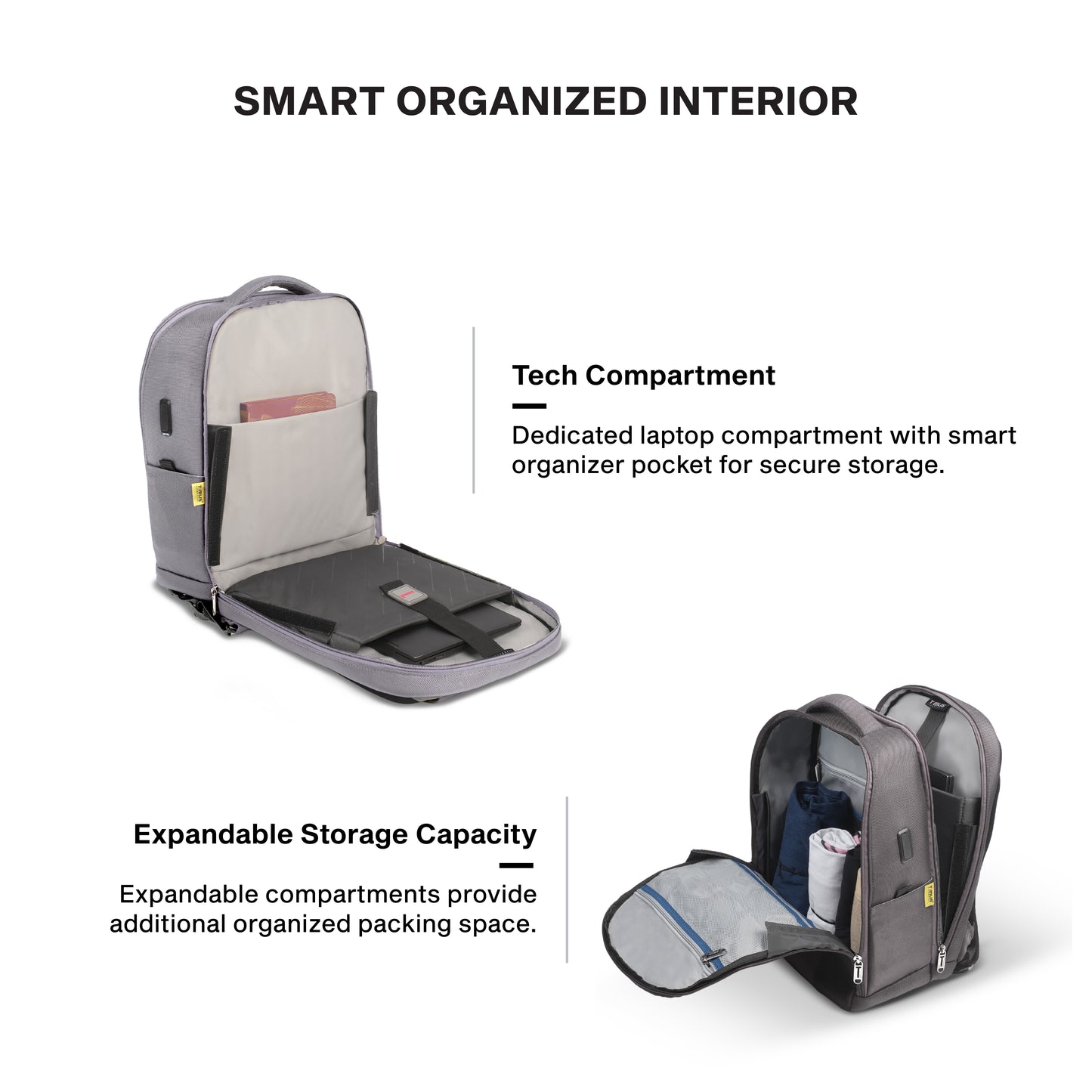 Timus Track laptop backpack interior layout – padded laptop sleeve with organizer pockets