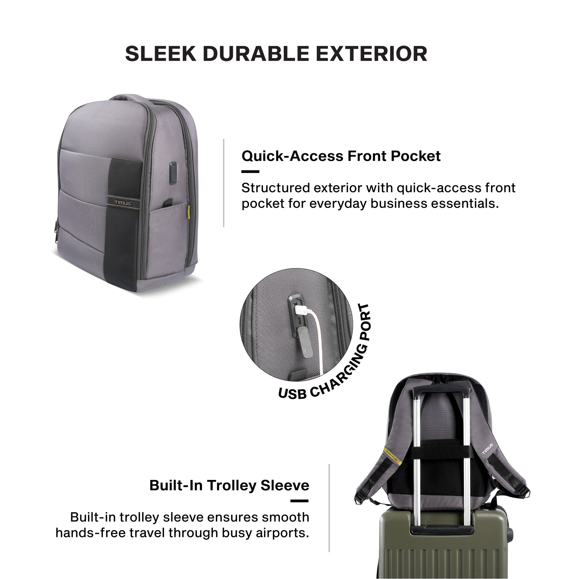 Timus Track water resistant office laptop bag features – luggage strap and breathable back support