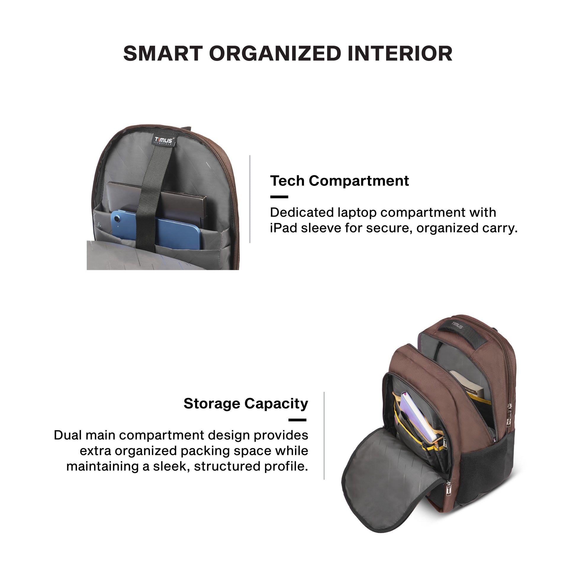 Timus Uno organized laptop backpack interior – padded laptop sleeve with accessory pockets
