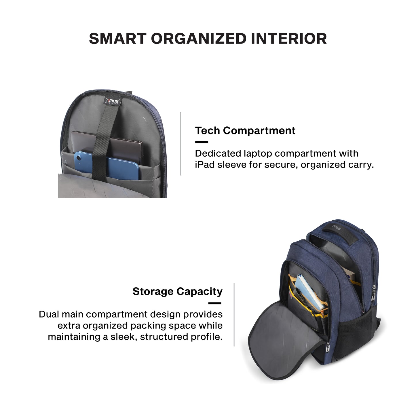 Timus Uno organized laptop backpack interior – padded laptop sleeve with accessory pockets