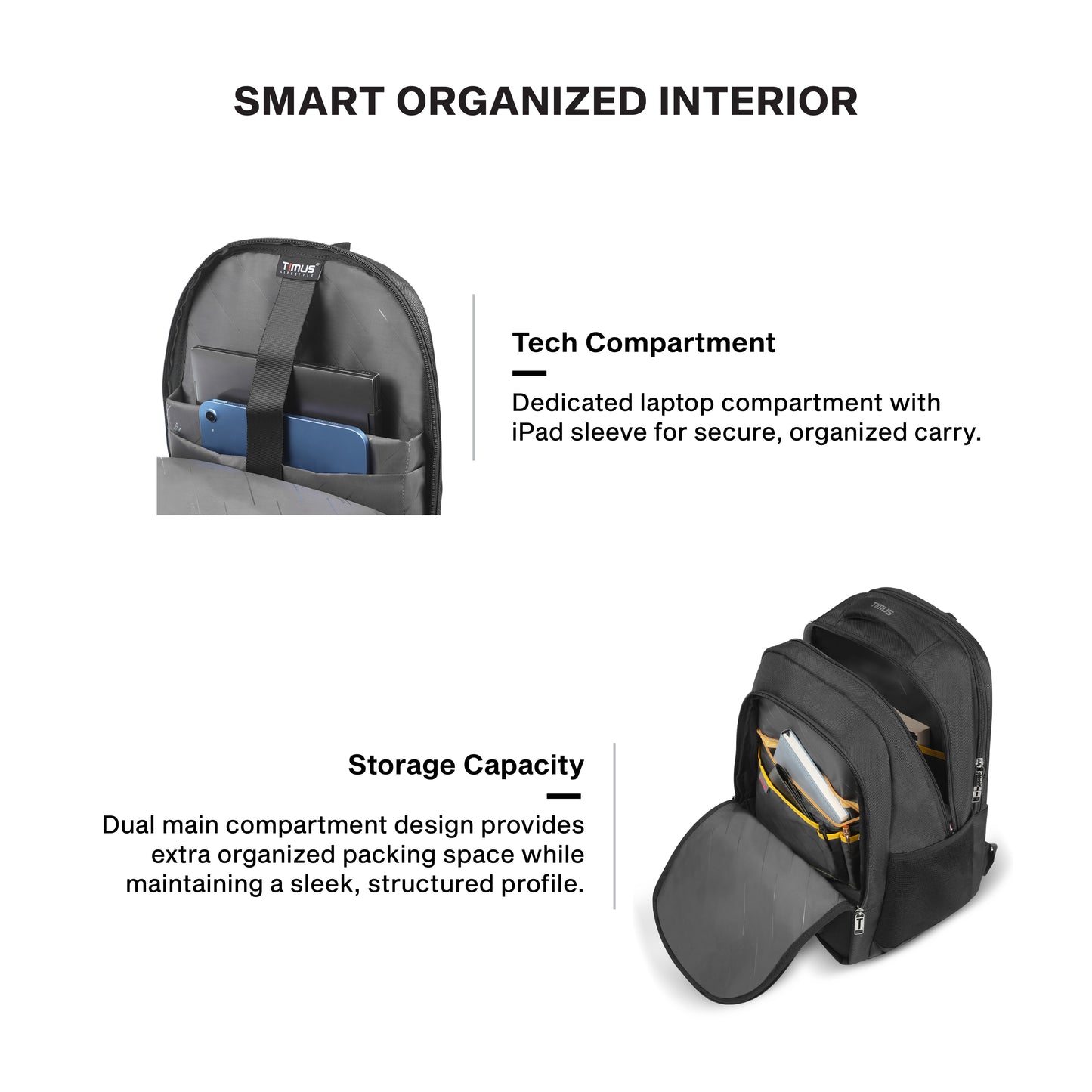 Timus Uno organized laptop backpack interior – padded laptop sleeve with accessory pockets