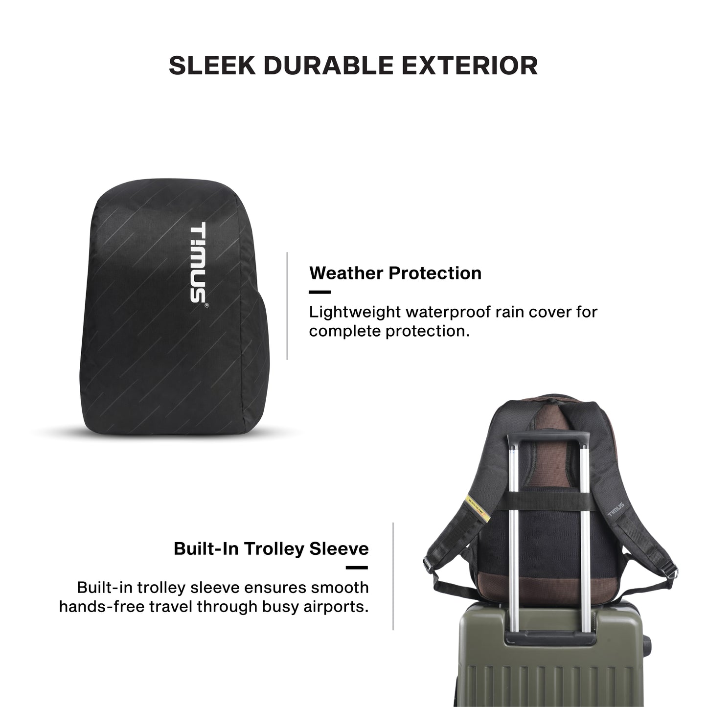 Timus Uno water resistant office laptop bag features – luggage strap and breathable back panel