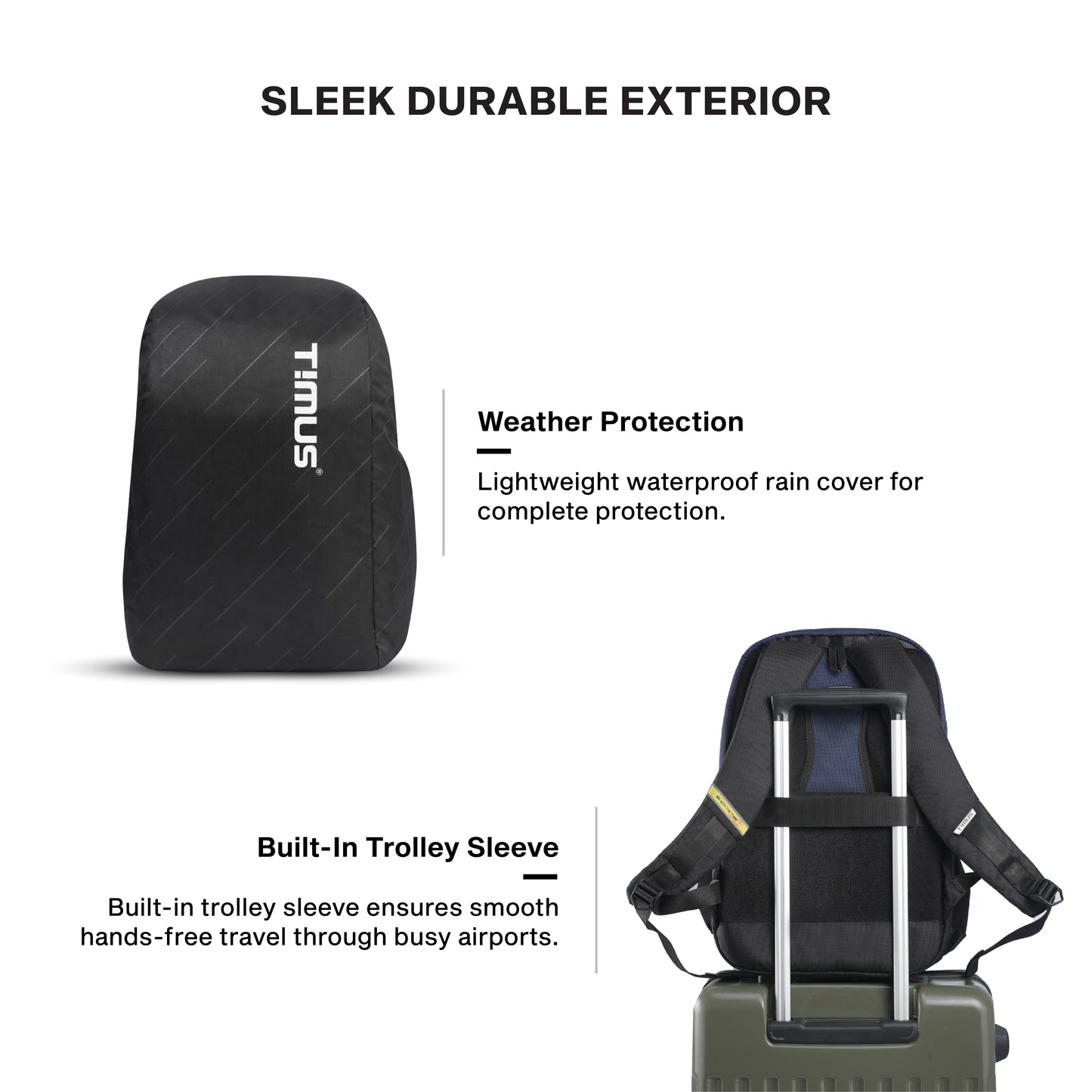 Timus Uno water resistant office laptop bag features – luggage strap and breathable back panel