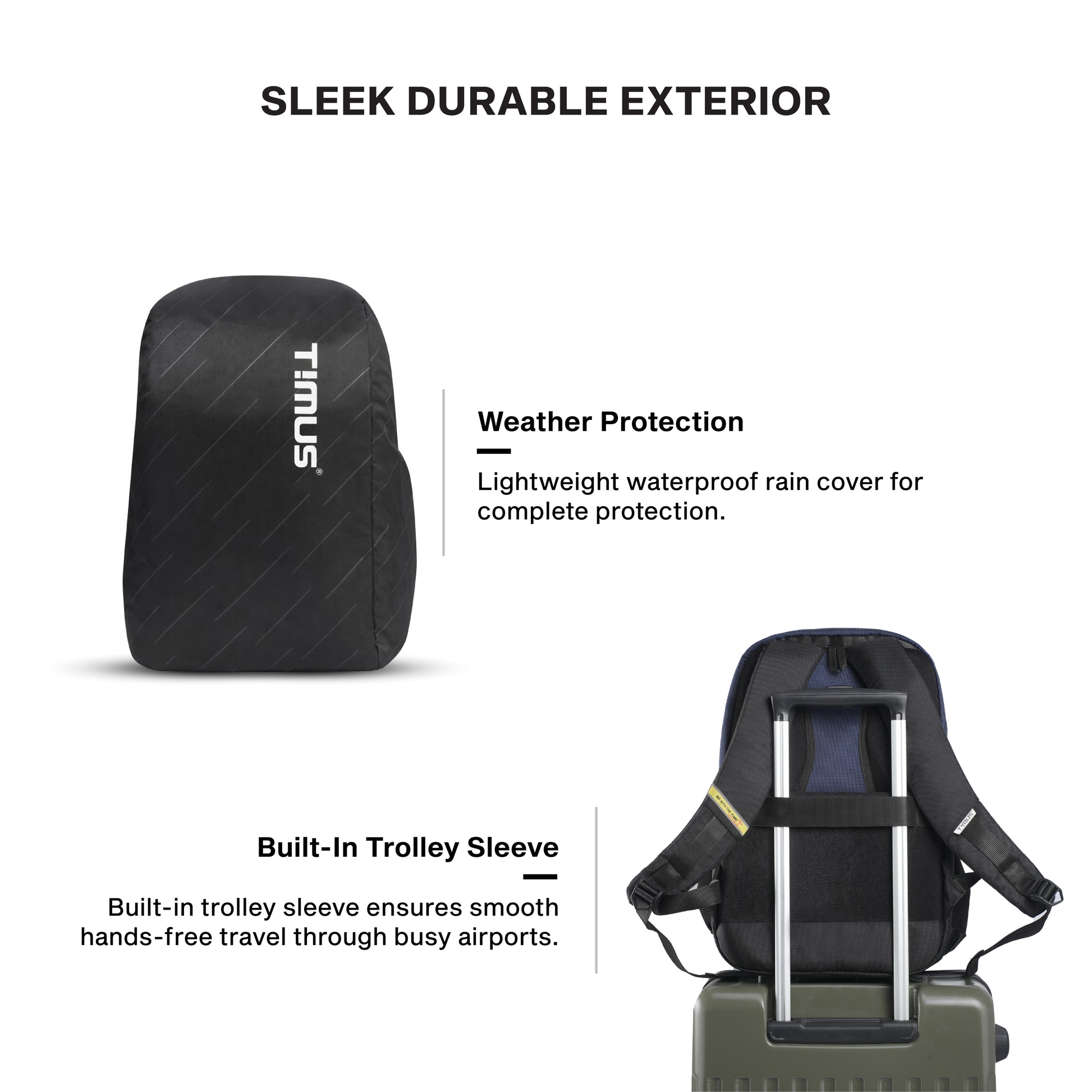 Timus Uno water resistant office laptop bag features – luggage strap and breathable back panel
