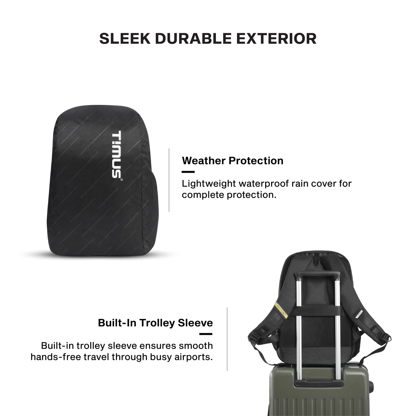 Timus Uno water resistant office laptop bag features – luggage strap and breathable back panel