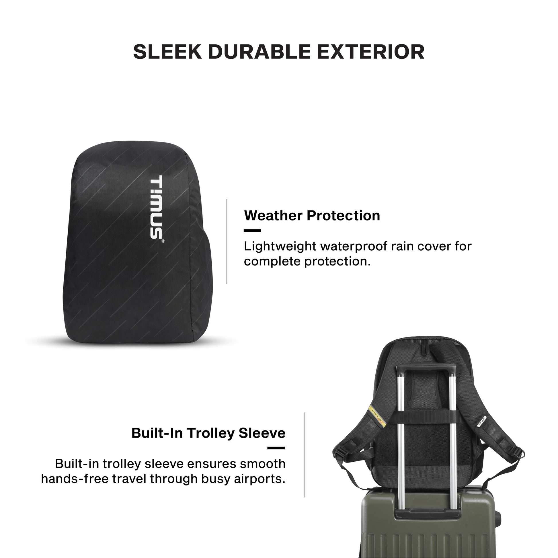 Timus Uno water resistant office laptop bag features – luggage strap and breathable back panel